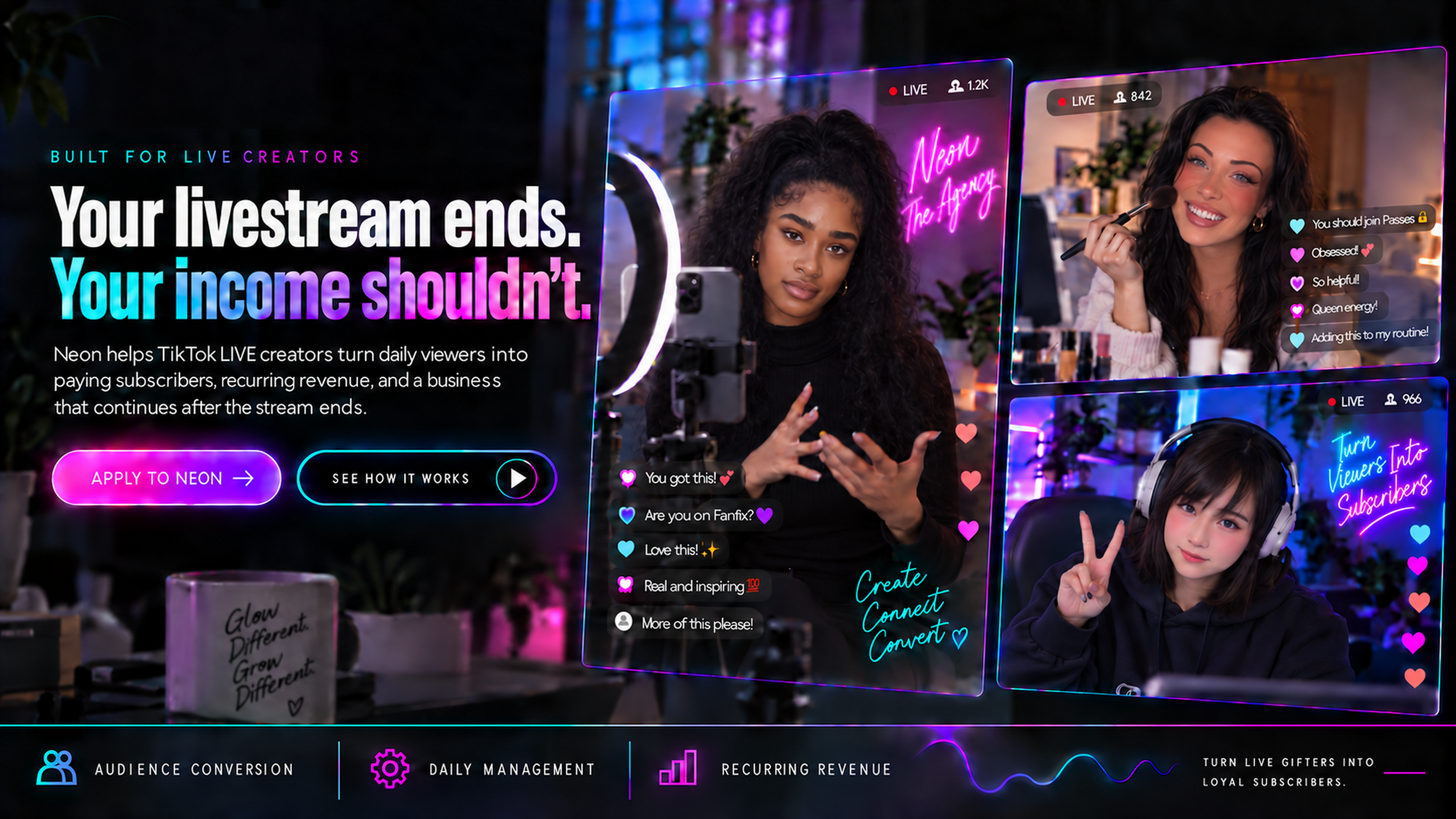 Three distinct TikTok LIVE creators streaming in neon-lit rooms